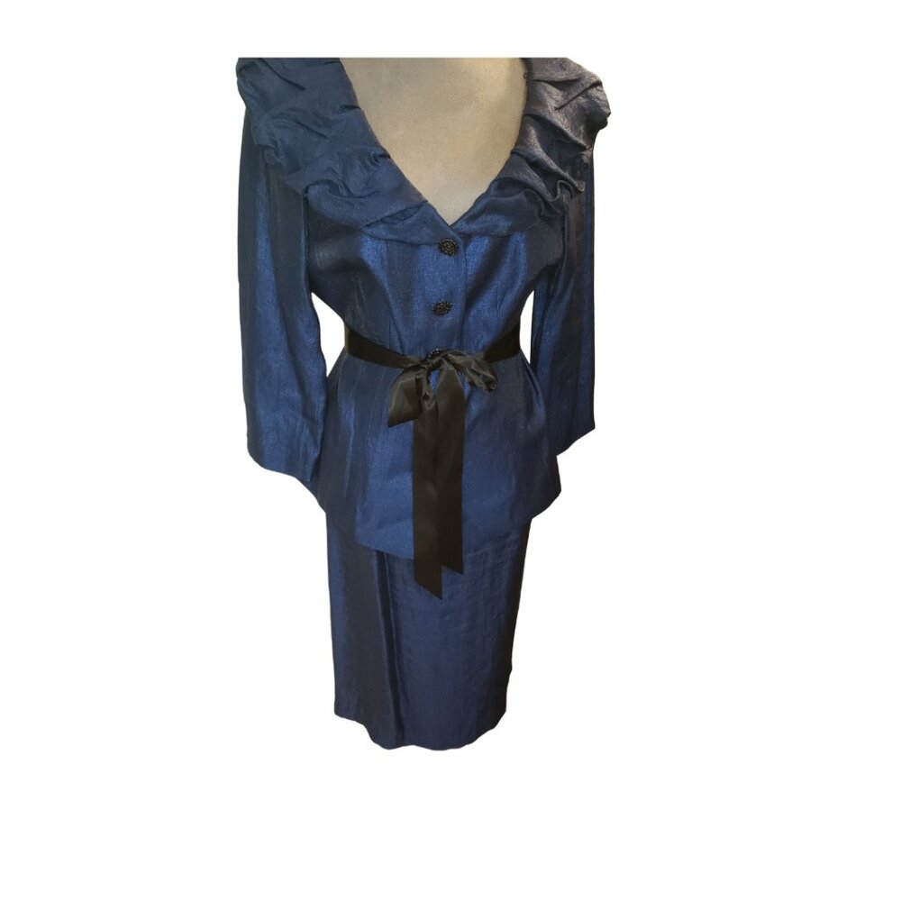 Vintage Victor Costa Ruffled Collar Two Piece Navy Suit